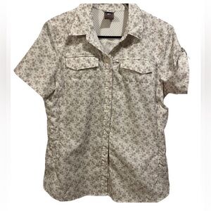 REI Co-Op Sahara White & Tan Floral Short Sleeve Button Up Utility Hiking Shirt.